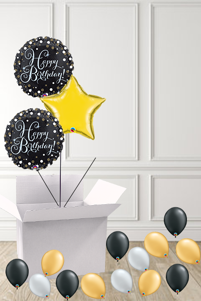 Dotty Black & Gold Birthday foils in a Box delivered Nationwide - The Ultimate Balloon & Party Shop