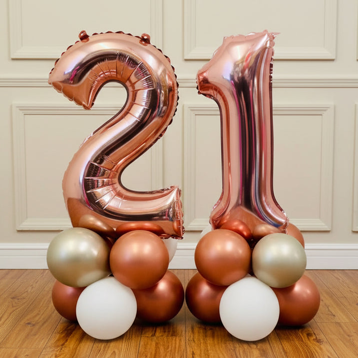 21st Birthday Balloon Stack - Rose Gold Colours Numbers & Helium .  The Ultimate Party Shop- Balloons Cheltenham