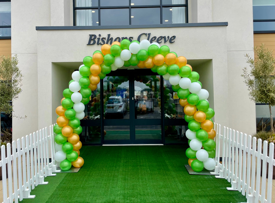 Corporate Coloured Spiral Balloon Arch - Green & Gold The Ultimate Balloon And Party Shop Cheltenham & Gloucester Balloons & Fancy Dress 