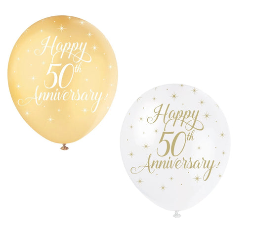 50th Anniversary Balloons (6pk) - Gold/White The Ultimate Balloon And Party Shop Cheltenham & Gloucester Balloons & Fancy Dress 