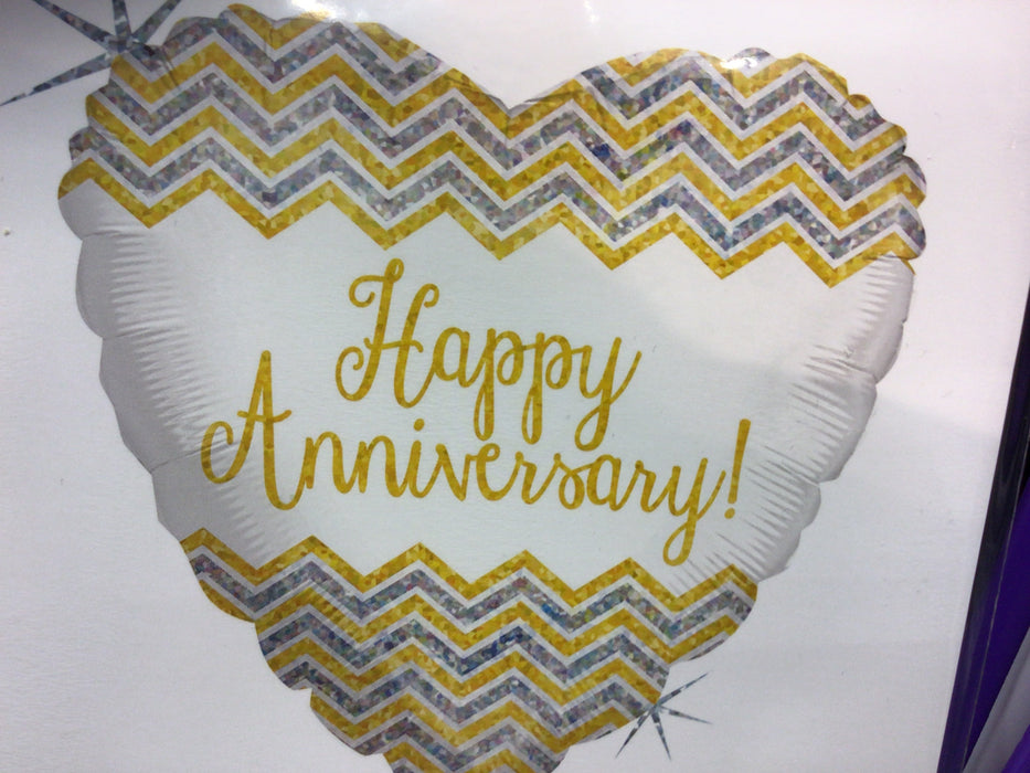 18" Foil Happy Anniversary Balloon - Chevron White & Gold