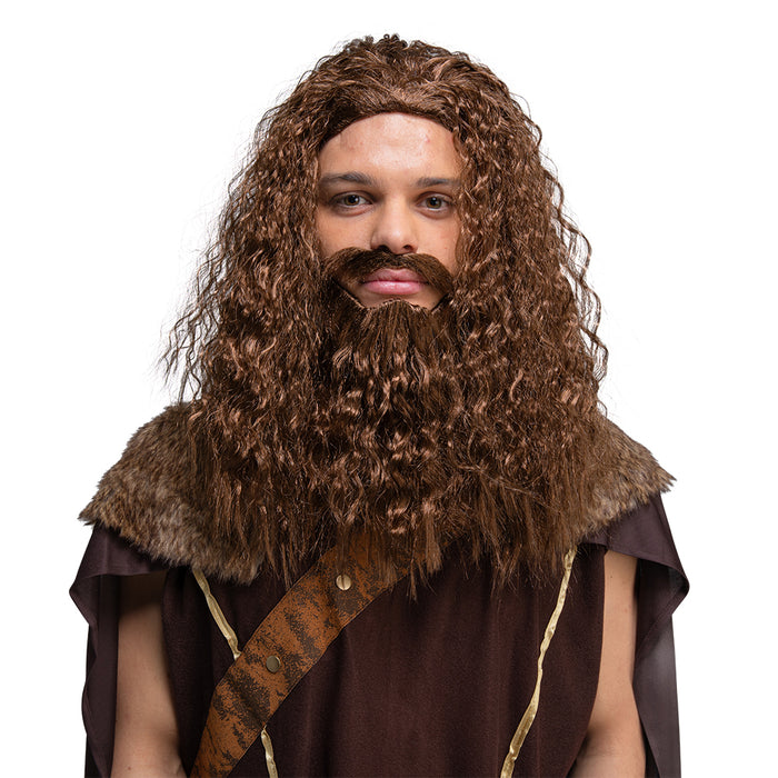 Long Curly Wig & Beard Set - Brown