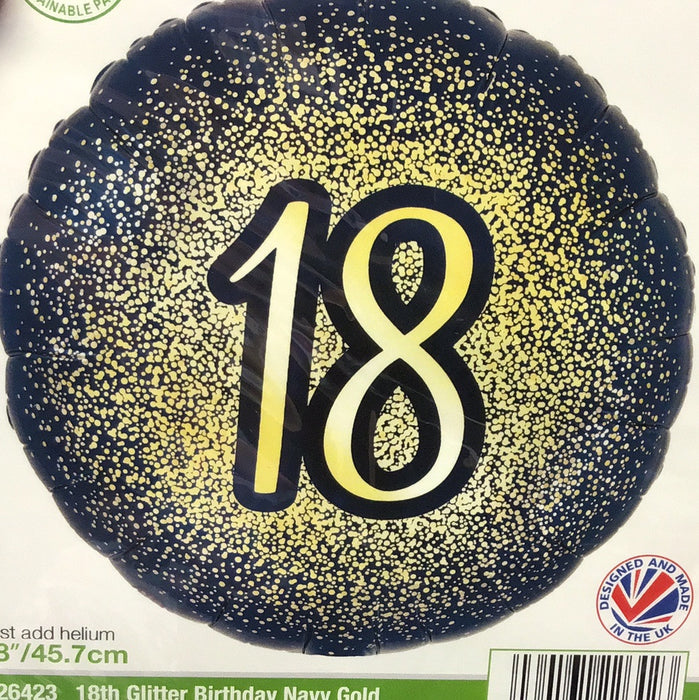 18" Foil Age 18 Balloon - Navy/Gld Glitz