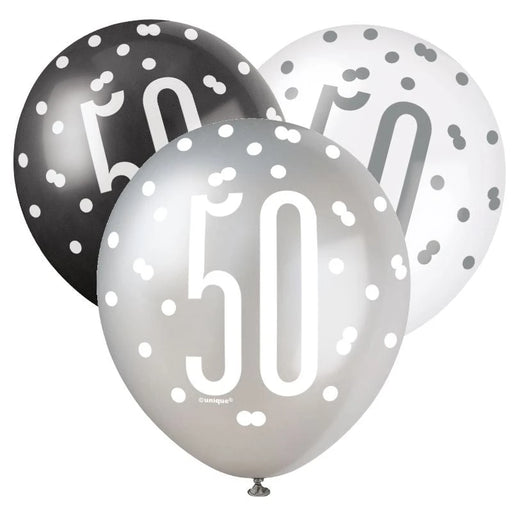Age 50 Asst Birthday Balloons (6pk) - Silver, Back & White The Ultimate Balloon And Party Shop Cheltenham & Gloucester Balloons & Fancy Dress 