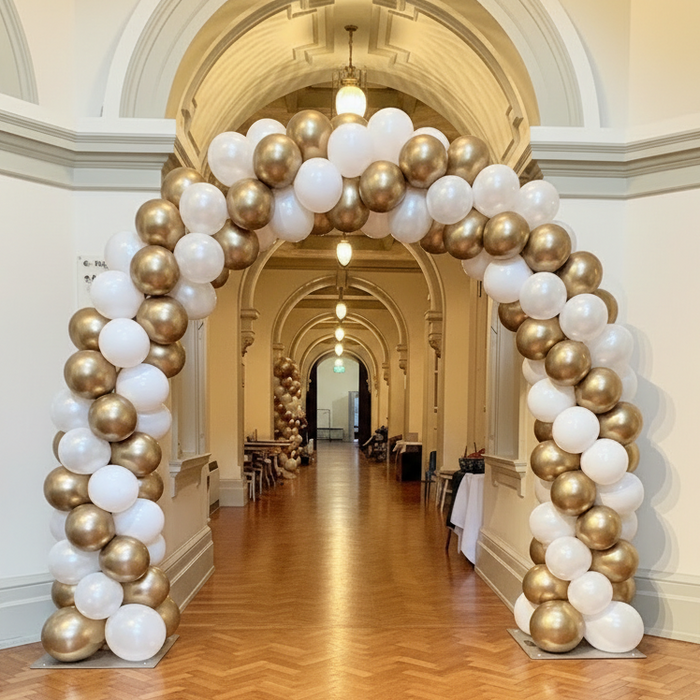 Corporate Outdoor/Indoor Spiral Balloon Arch - White/Gold The Ultimate Balloon And Party Shop Cheltenham & Gloucester Balloons & Fancy Dress 