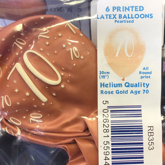 Age 70 Asst Birthday Balloons 6 Pack - Rose Gold