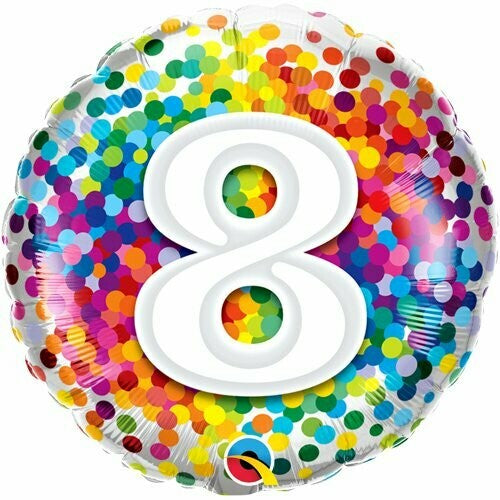 18" Foil Age 8 Balloon - Rainbow Confetti