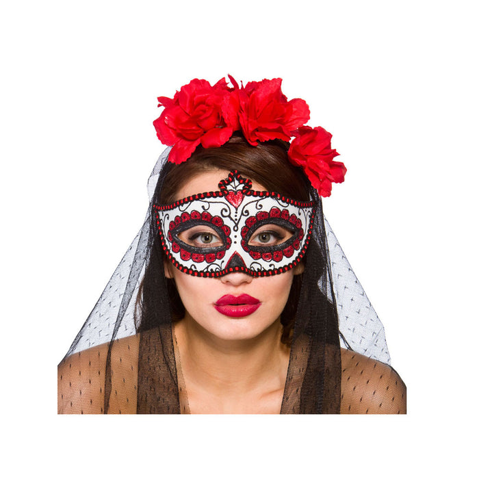 Day Of The Dead Eyemask - Red/White Glitter