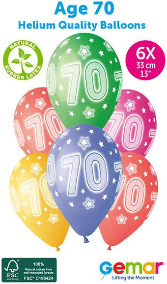 Age 70 Asst Birthday Balloons 6 Pack The Ultimate Balloon And Party Shop Cheltenham & Gloucester Balloons & Fancy Dress 