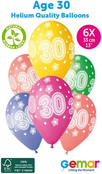 Age 30 Asst Birthday Balloons 6 Pack The Ultimate Balloon And Party Shop Cheltenham & Gloucester Balloons & Fancy Dress 