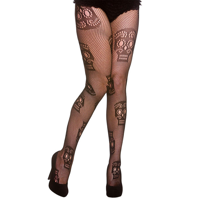 Skull Print Mesh Tights