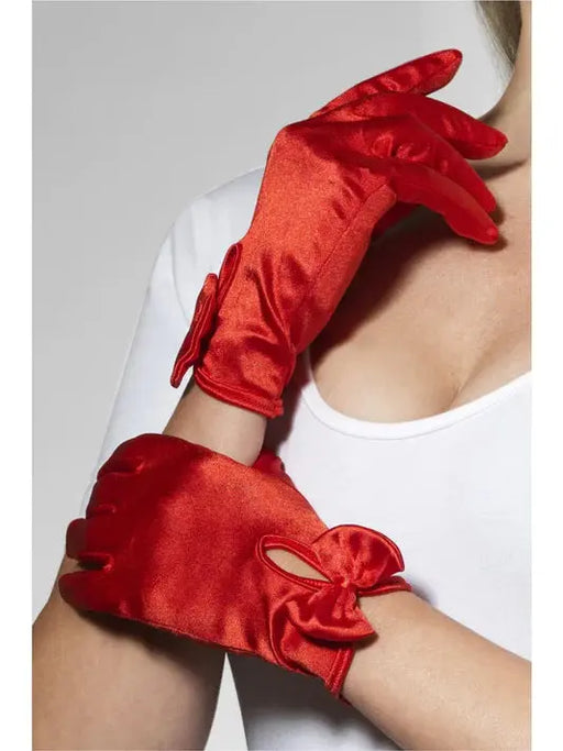 Short Satin Gloves - Red (Bows) The Ultimate Balloon And Party Shop Cheltenham & Gloucester Balloons & Fancy Dress 