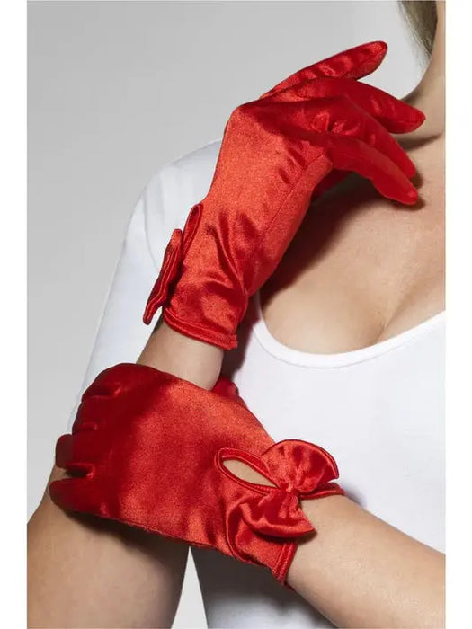 Short Satin Gloves - Red (Bows) The Ultimate Balloon And Party Shop Cheltenham & Gloucester Balloons & Fancy Dress 