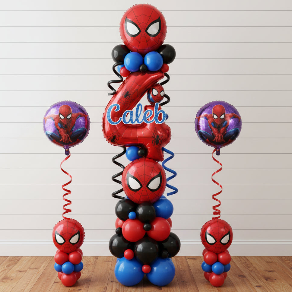 Spider-Man themed balloon arrangement with number 4 and character balloons on a white background