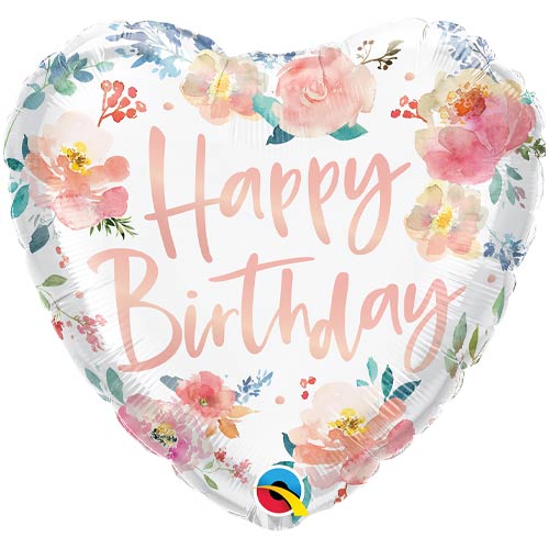 18" Foil Heart Happy Birthday - Watercolour Flowers