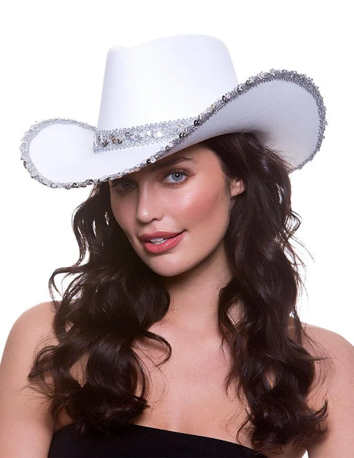 Texan Cowboy Hat - White with silver sequins