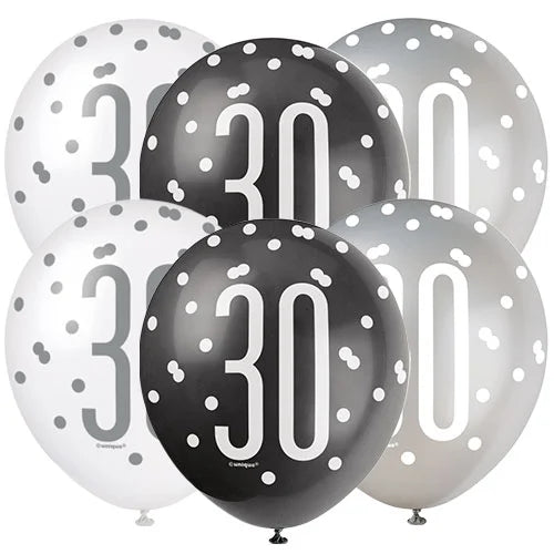 Age 30 Asst Birthday Balloons (6pk) - Black/White/Silver
