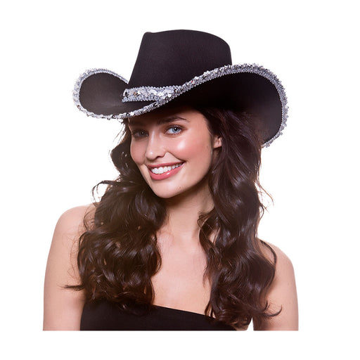 Texan Cowboy Hat - Black with silver sequins
