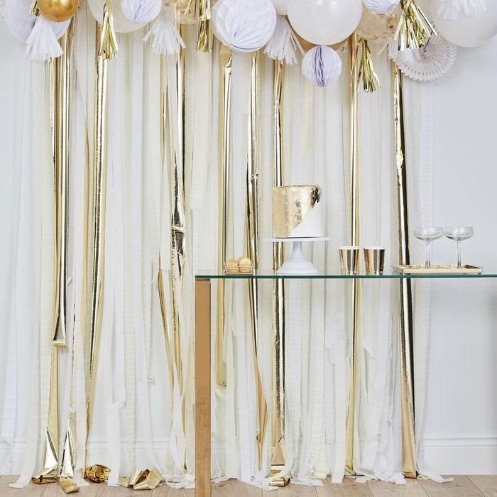 Crepe Streamer Backdrop - White, Cream & Gold - The Ultimate Balloon & Party Shop