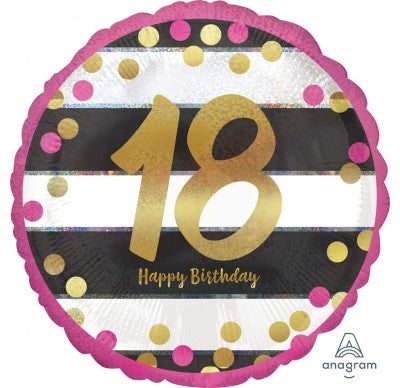 18" Foil Age 18 Pink Dots and stripes Balloon. - The Ultimate Balloon & Party Shop