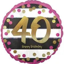 18" Foil Age 40 Pink Dots and stripes Balloon. The Ultimate Balloon And Party Shop Cheltenham & Gloucester Balloons & Fancy Dress 