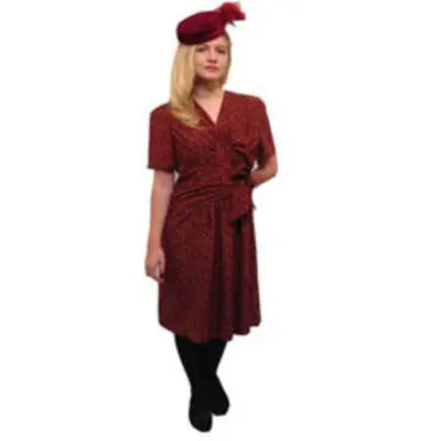 1940s Burgundy Flowered Dress & Hat Hire Costume The Ultimate Balloon And Party Shop Cheltenham & Gloucester Balloons & Fancy Dress 