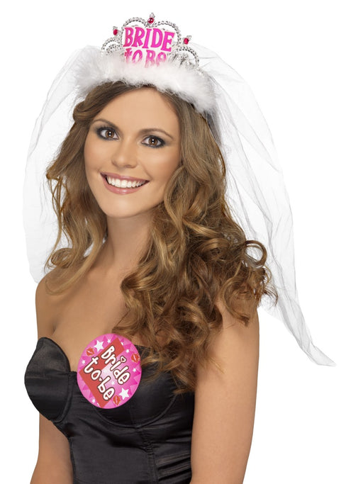 Bride To Be Tiara & Veil - White/Pink - The Ultimate Balloon & Party Shop