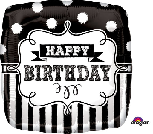 18" Foil Happy Birthday Black/White Square - The Ultimate Balloon & Party Shop