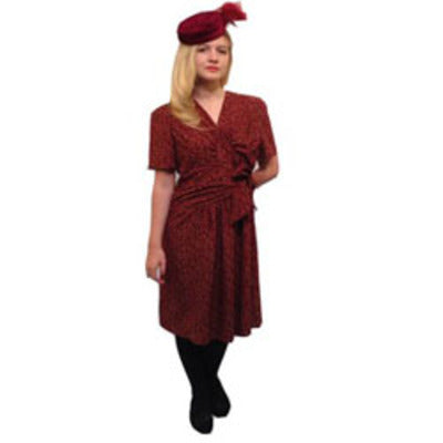 1940s Burgundy Flowered Dress & Hat Hire Costume - The Ultimate Balloon & Party Shop