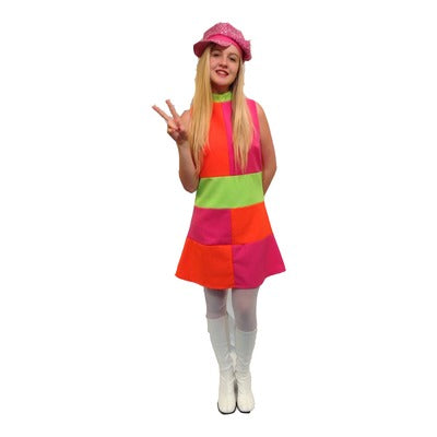 1960s/1970s Checkered Dress Hire Costume - Neon Pink, Green & Orange - The Ultimate Balloon & Party Shop