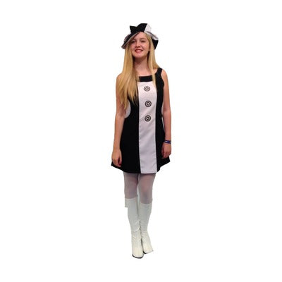 1960s/1970s Dress Hire Costume - Black & White Buttons - The Ultimate Balloon & Party Shop