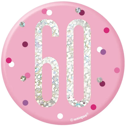 60th Birthday Badge - Pink The Ultimate Balloon And Party Shop Cheltenham & Gloucester Balloons & Fancy Dress 