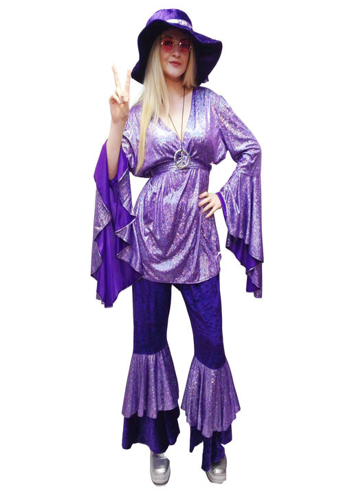 NEW 1970s Disco Lady Hire Costume - Purple (+size) - The Ultimate Balloon & Party Shop
