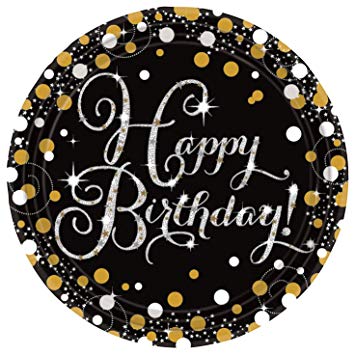 Round Happy Birthday Plates - Black & Gold - The Ultimate Balloon & Party Shop