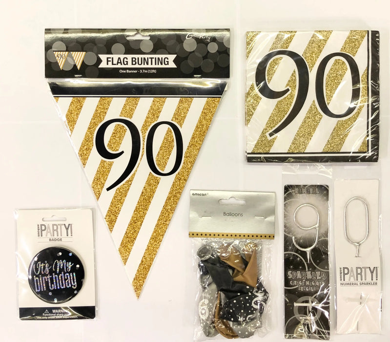 90th Birthday Party Pack - Black/Gold The Ultimate Balloon And Party Shop Cheltenham & Gloucester Balloons & Fancy Dress 