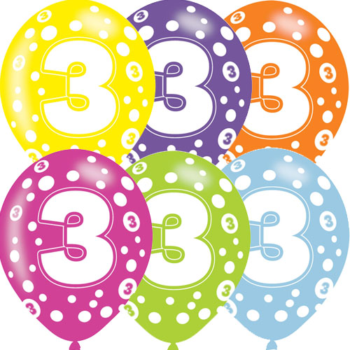 Age 3 Asst Birthday Balloons 6 Pack - The Ultimate Balloon & Party Shop