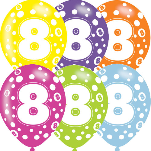 Age 8 Asst Birthday Balloons 6 Pack - The Ultimate Balloon & Party Shop