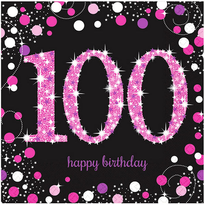 Age 100 Napkins - Black & Hot Pink - The Ultimate Balloon & Party Shop