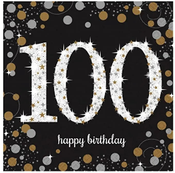 Age 100 Napkins - Black & Gold The Ultimate Balloon And Party Shop Cheltenham & Gloucester Balloons & Fancy Dress 
