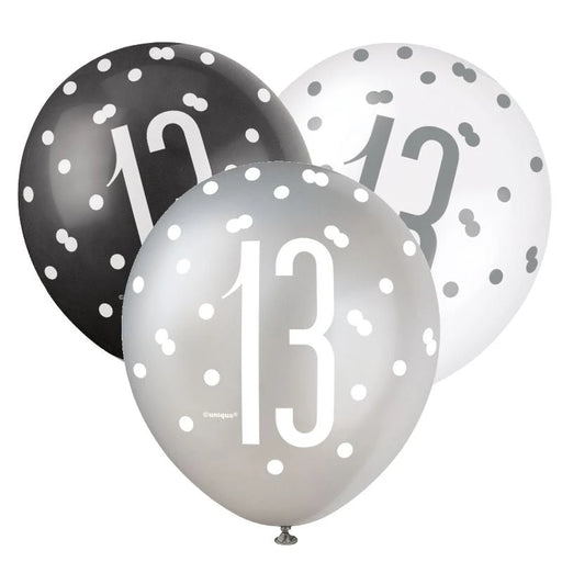 Age 13 Asst Birthday Balloons (6pk) - Black, White & Silver The Ultimate Balloon And Party Shop Cheltenham & Gloucester Balloons & Fancy Dress 