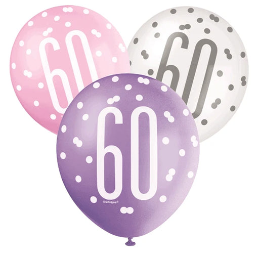 Age 60 Asst Birthday Balloons (6pk) - Pink/Lilac/White. The Ultimate Balloon And Party Shop Cheltenham & Gloucester Balloons & Fancy Dress 