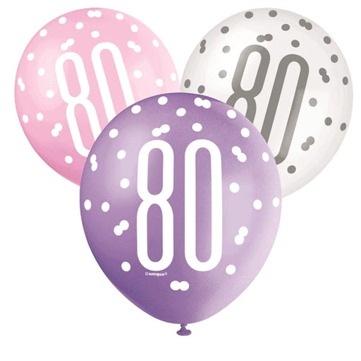 Age 80 Asst Balloons (6pk) - Pink/Lilac/White The Ultimate Balloon And Party Shop Cheltenham & Gloucester Balloons & Fancy Dress 