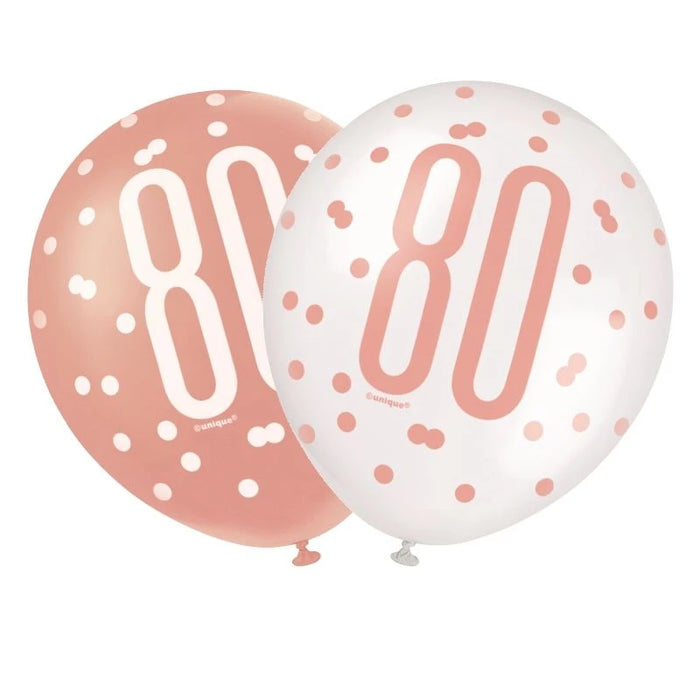 Age 80 Birthday Asst Balloons (6pk) - Rose Gold/White The Ultimate Balloon And Party Shop Cheltenham & Gloucester Balloons & Fancy Dress 