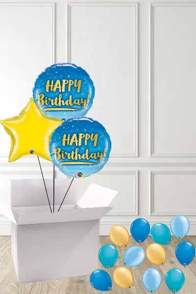 Blue & Gold Bouquet in a Box delivered Nationwide The Ultimate Balloon And Party Shop Cheltenham & Gloucester Balloons & Fancy Dress 