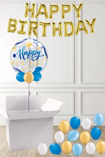Blue & Gold Happy Birthday Bubble in a Box delivered Nationwide The Ultimate Balloon And Party Shop Cheltenham & Gloucester Balloons & Fancy Dress 
