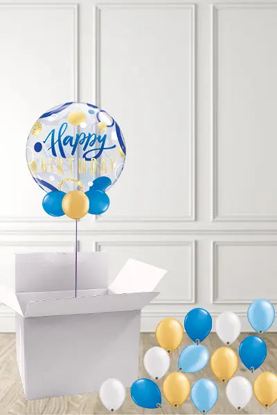 Blue & Gold Happy Birthday Bubble in a Box delivered Nationwide The Ultimate Balloon And Party Shop Cheltenham & Gloucester Balloons & Fancy Dress 