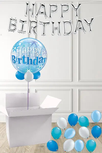 Blue & Silver Happy Birthday Bubble in a Box delivered Nationwide The Ultimate Balloon And Party Shop Cheltenham & Gloucester Balloons & Fancy Dress 