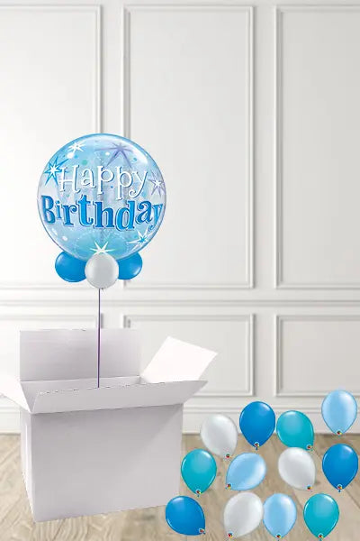 Blue & Silver Happy Birthday Bubble in a Box delivered Nationwide The Ultimate Balloon And Party Shop Cheltenham & Gloucester Balloons & Fancy Dress 
