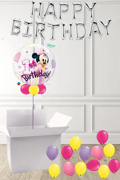 Cute Minnie Mouse 1st Birthday Bubble in a Box delivered Nationwide The Ultimate Balloon And Party Shop Cheltenham & Gloucester Balloons & Fancy Dress 