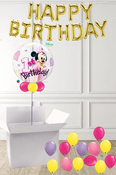 Cute Minnie Mouse 1st Birthday Bubble in a Box delivered Nationwide The Ultimate Balloon And Party Shop Cheltenham & Gloucester Balloons & Fancy Dress 